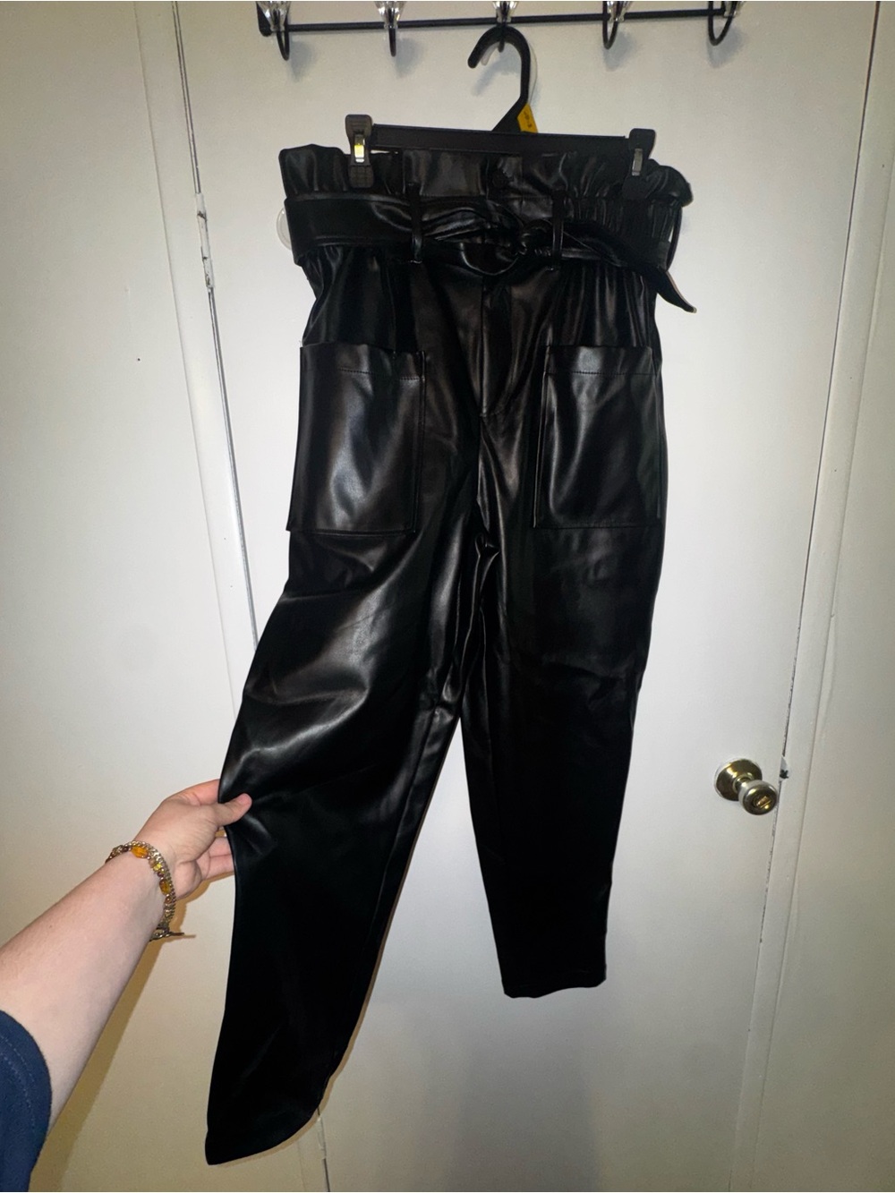 High-Rise Faux Leather Paperbag Pants - Black